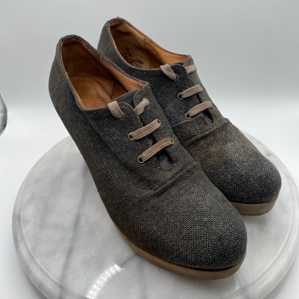 Coclico Womens Oxford Heels Gray Brown Textured Fabric Wood Platform Clogs Spain